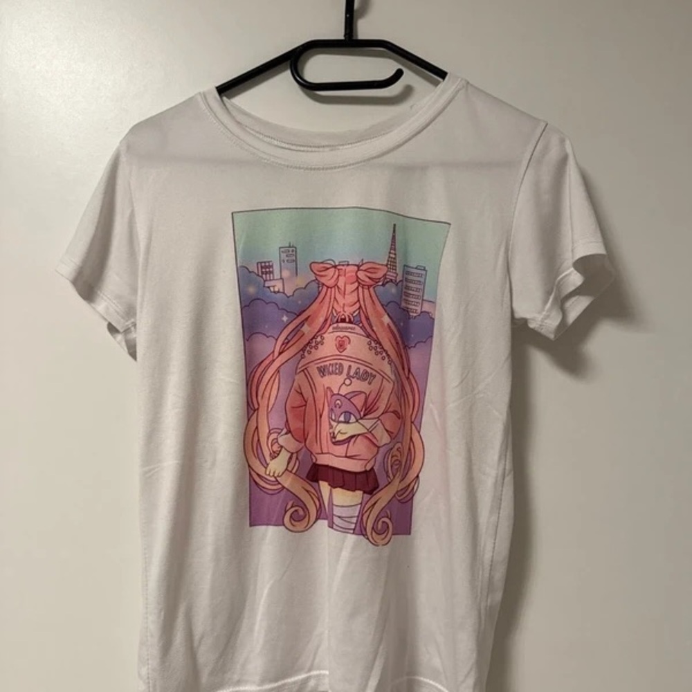 Stylish White Graphic Tee with Pastel Art